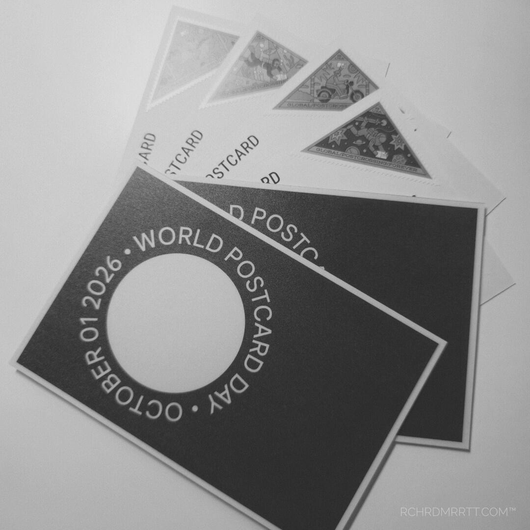 A monochrome square snapshot of 6, Richard Merritt Designed, World Postcard Day 2026 postcards with USPS Postcrossing Global Forever Stamps. World Postcard Day is October 1st, 2026.