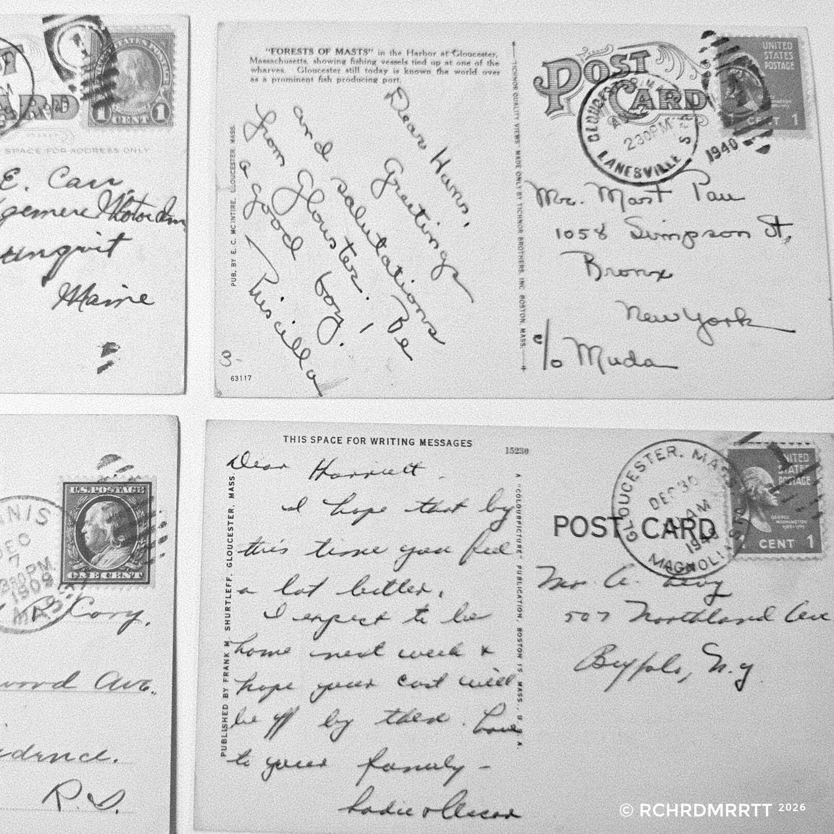 A monochrome snapshot of the back of four historical vintage and antique postcards with handwritten correspondence, 1¢ US postage stamps, postmarks and cancellations.